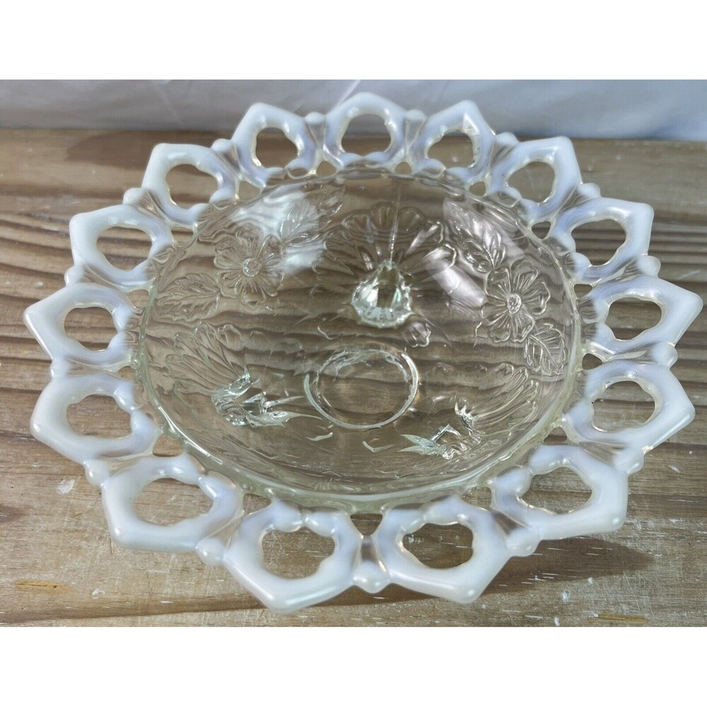 Vintage Northwood French Opalescent Art Glass Shell & Wild Rose Footed Bowl 8”